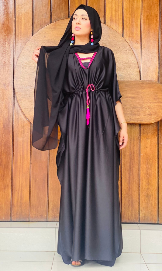 The Maui Tie up Kaftan - Black & Pink